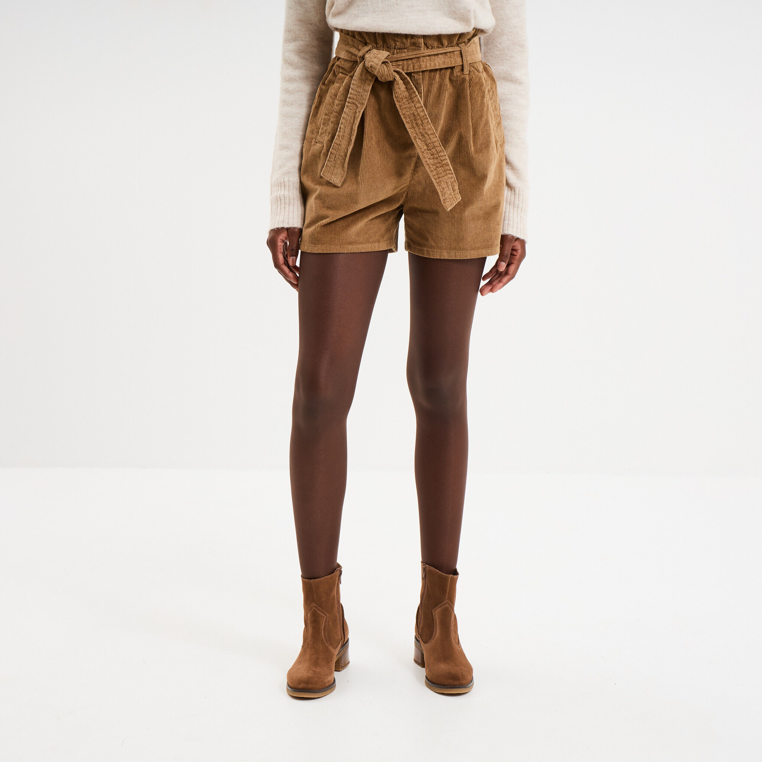 Short effet velours avec ceinture coton vert kaki femme CREEKS