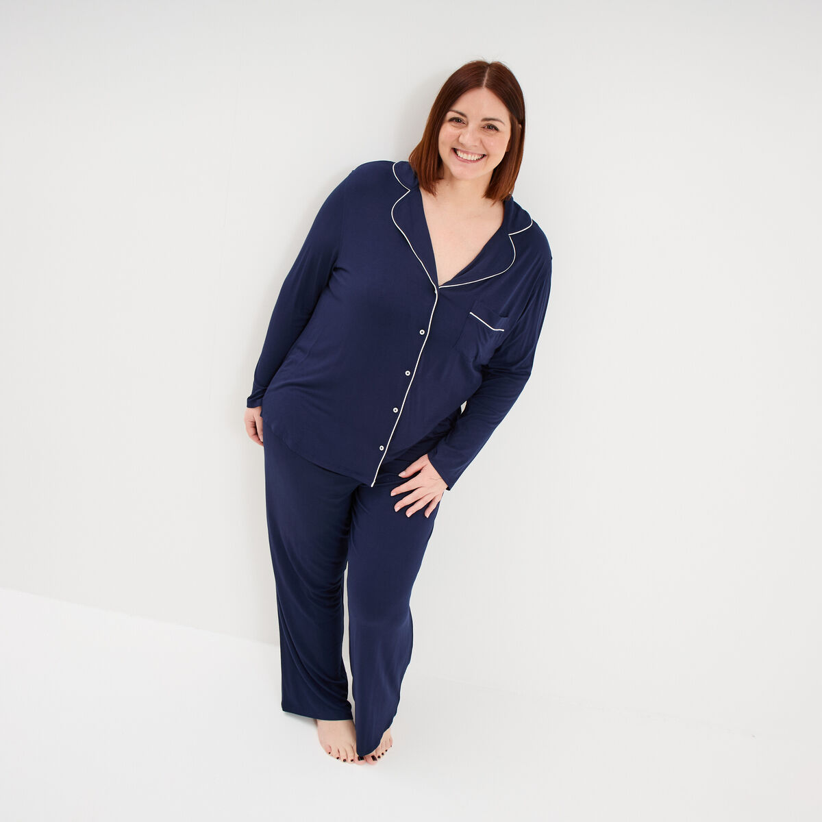 Ensemble pyjama fluide 2 pi&egrave;ces bleu marine femme grande taille