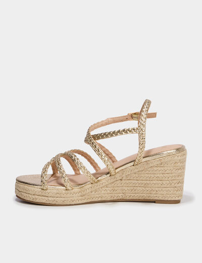Sandales compens&eacute;es brides tress&eacute;es jaune or femme