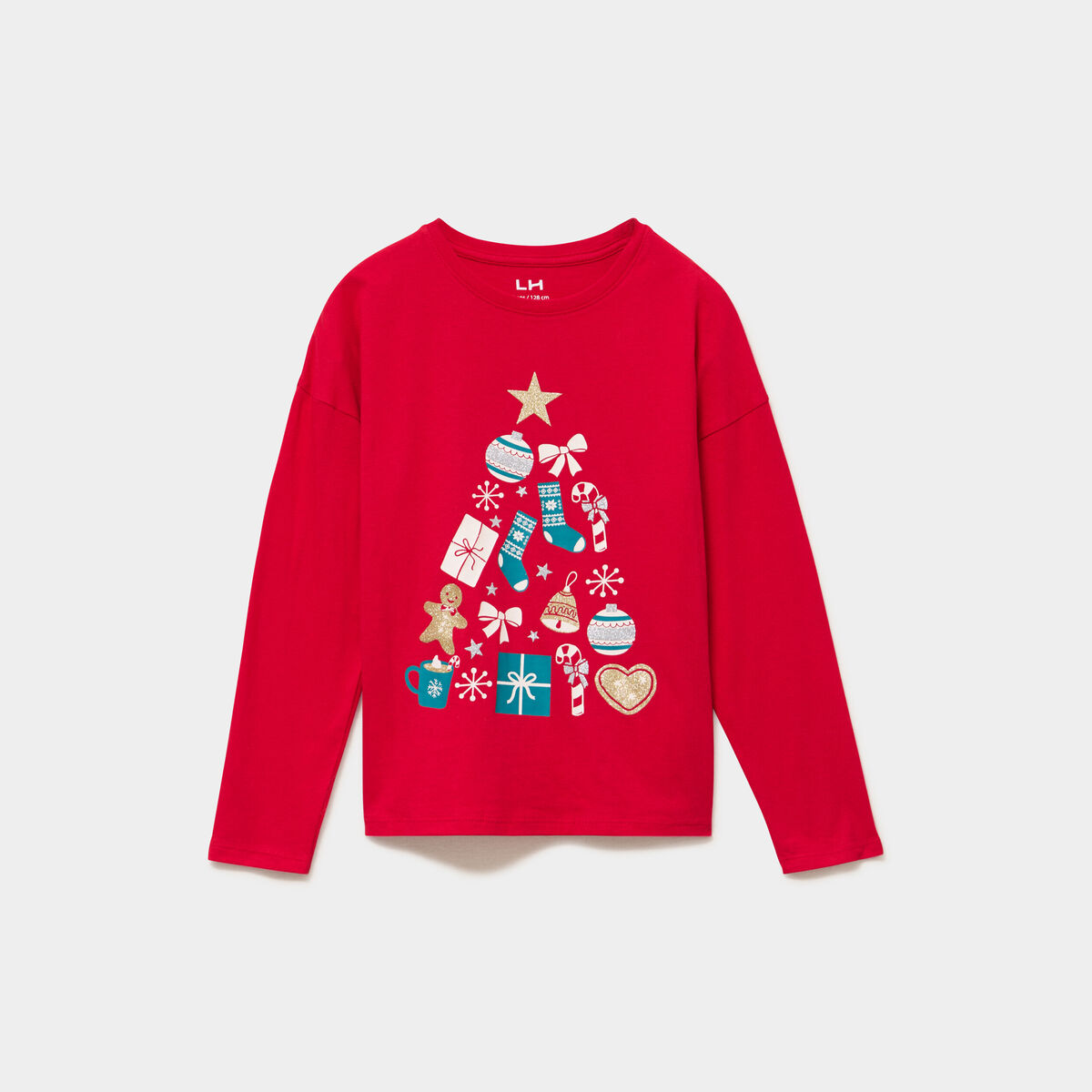 T-shirt &agrave; paillettes No&euml;l col rond coton rouge fille
