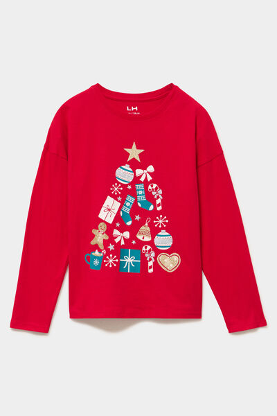 T-shirt &agrave; paillettes No&euml;l col rond coton rouge fille