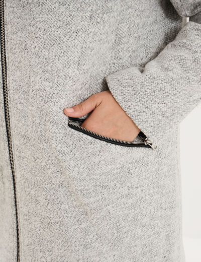 Manteau mi-long droit zipp&eacute; col mao gris clair femme grande taille