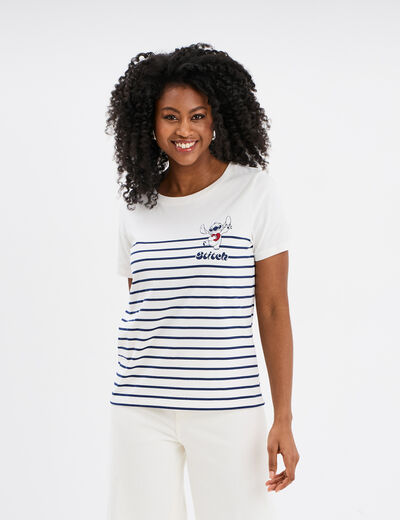 T-shirt manches courtes coton Stitch ivoire femme