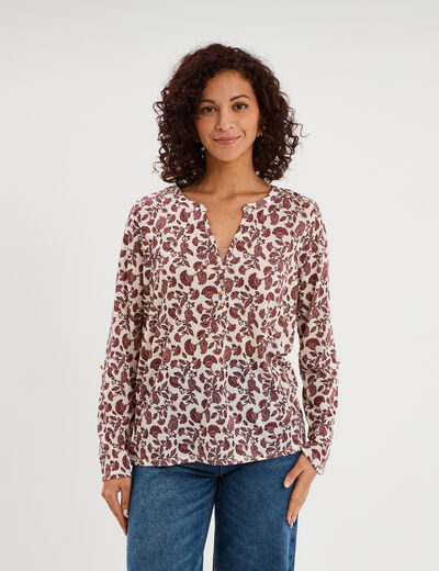 T-shirt col mao manches retroussables ecru femme