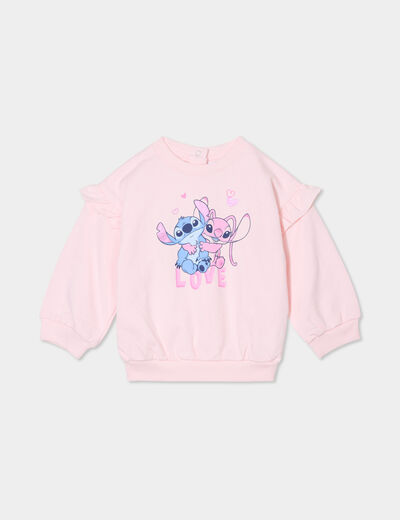 Sweat volants épaules coton Stitch rose clair bébé fille