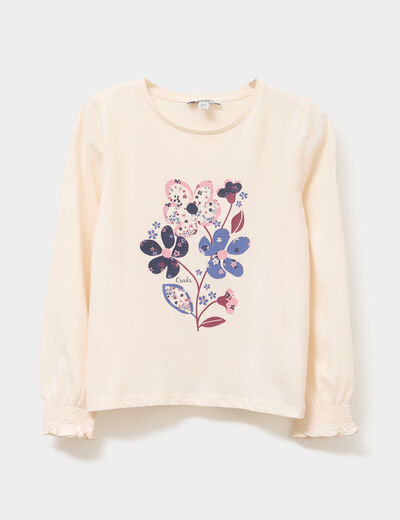 T-shirt smocké manches longues coton creme fille