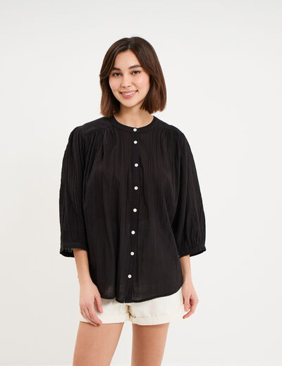 Blouse fluide oversize manches 3/4 coton noir femme
