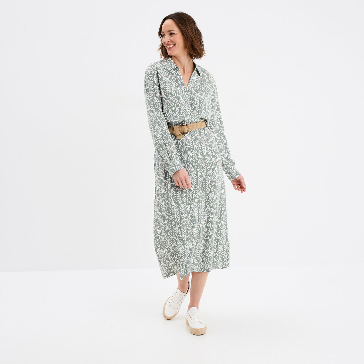 Robe chemise longue avec ceinture vert kaki femme