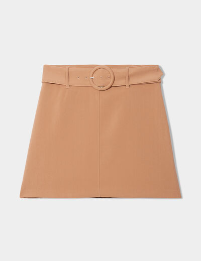 Jupe courte trapèze ceinturée marron clair femme