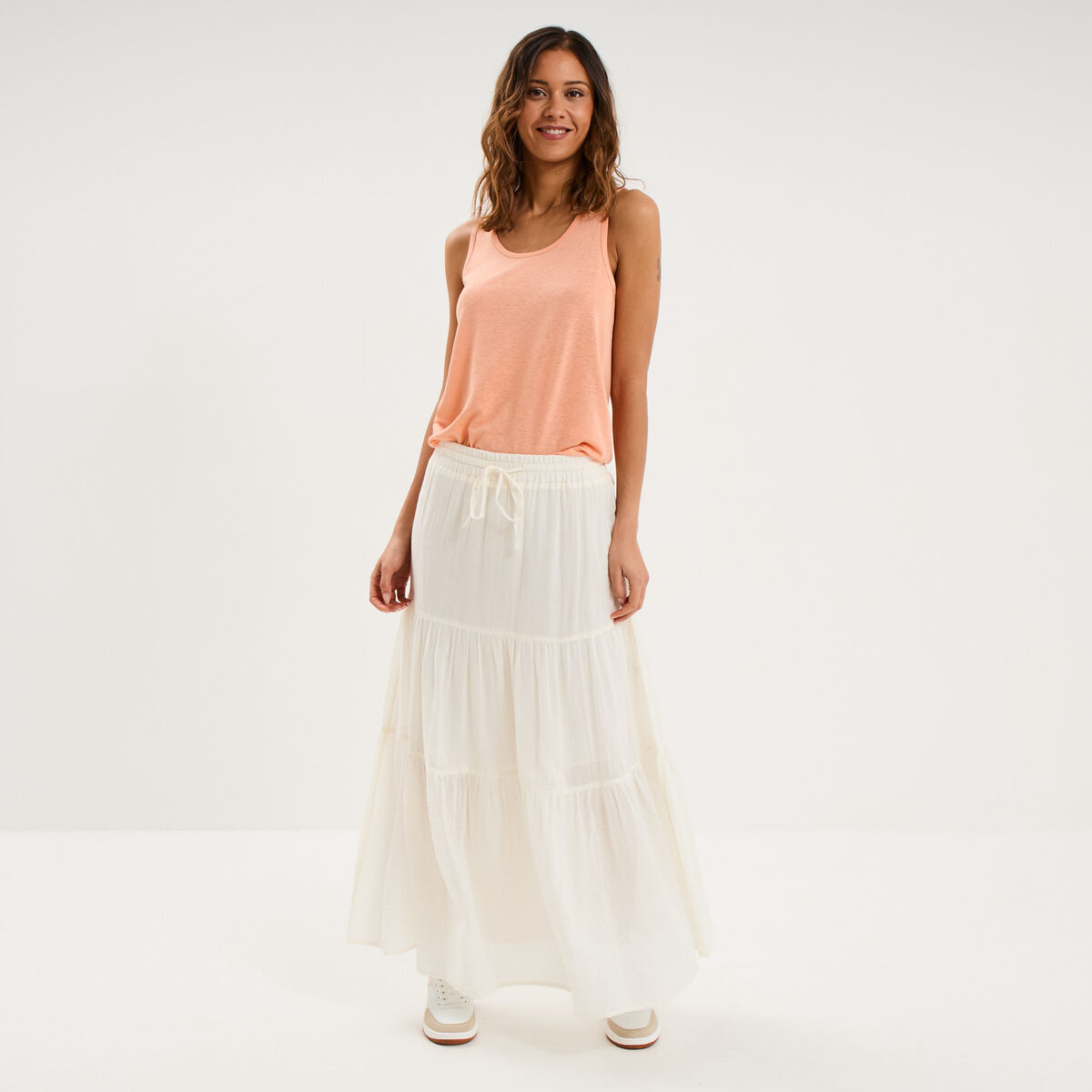 D&eacute;bardeur col rond m&eacute;lange lin rose saumon femme
