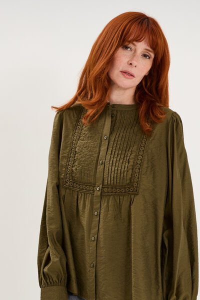 Blouse manches longues galons et fronces vert kaki femme