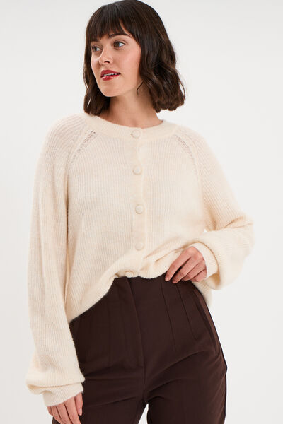 Gilet cardigan col rond boutonn&eacute; blanc femme