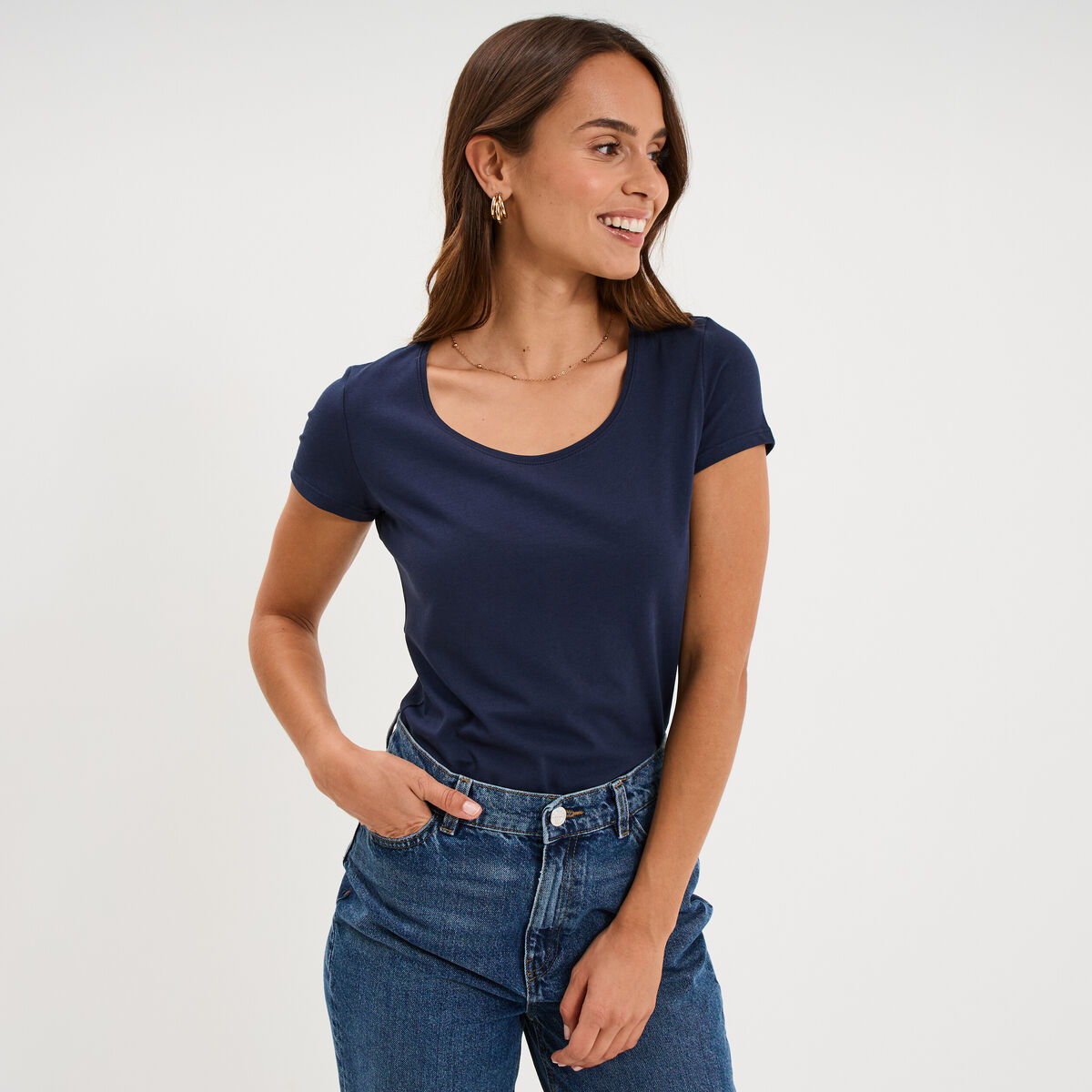 T-shirt coton col rond manches courtes bleu marine femme