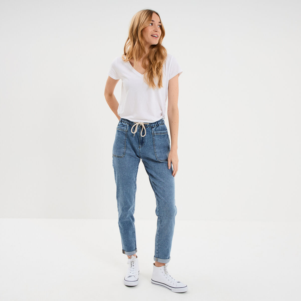 Jeans droit cropped taille &eacute;lastiqu&eacute;e denim stone femme