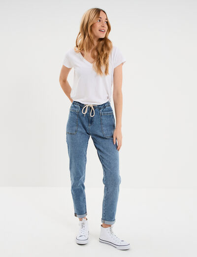 Jeans droit cropped taille &eacute;lastiqu&eacute;e denim stone femme