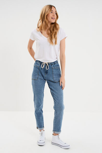 Jeans droit cropped taille &eacute;lastiqu&eacute;e denim stone femme