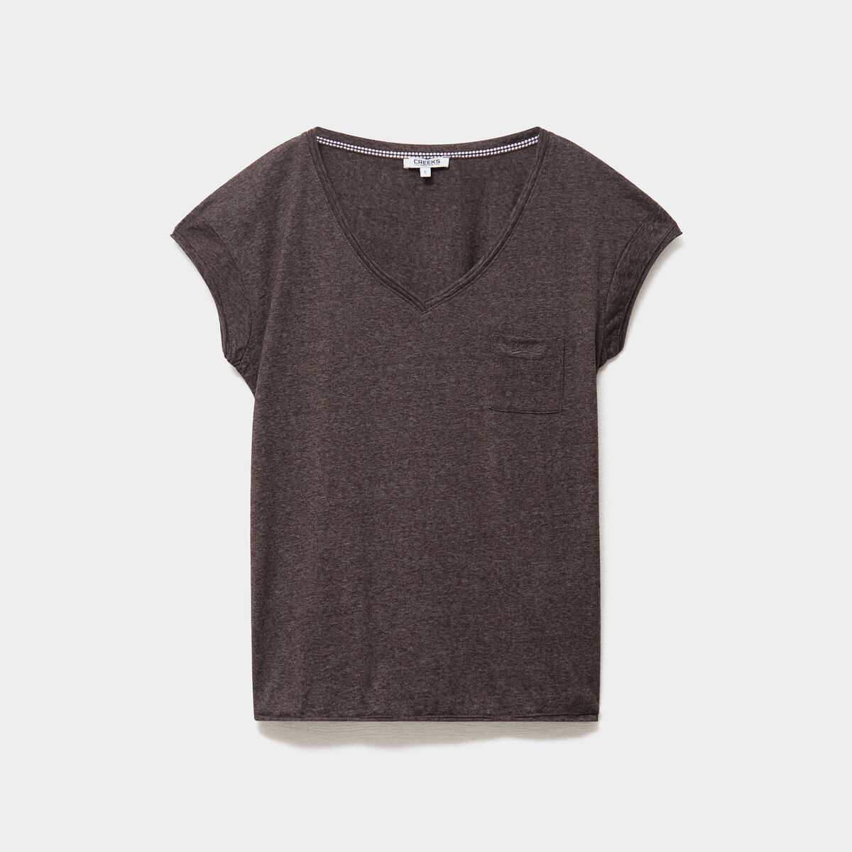 T-shirt col v poche poitrine marron fonc&eacute; femme