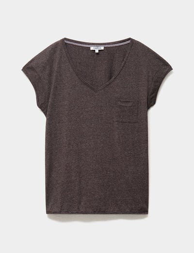 T-shirt col v poche poitrine marron fonc&eacute; femme