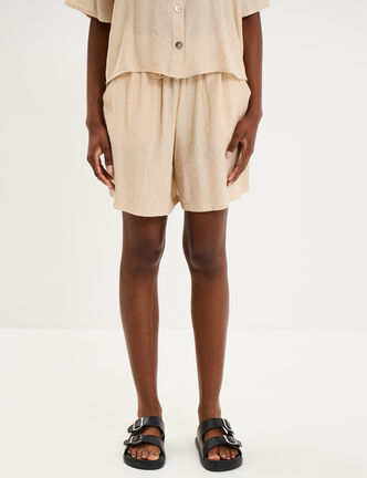 Short droit fluide taille &eacute;lastiqu&eacute;e beige femme