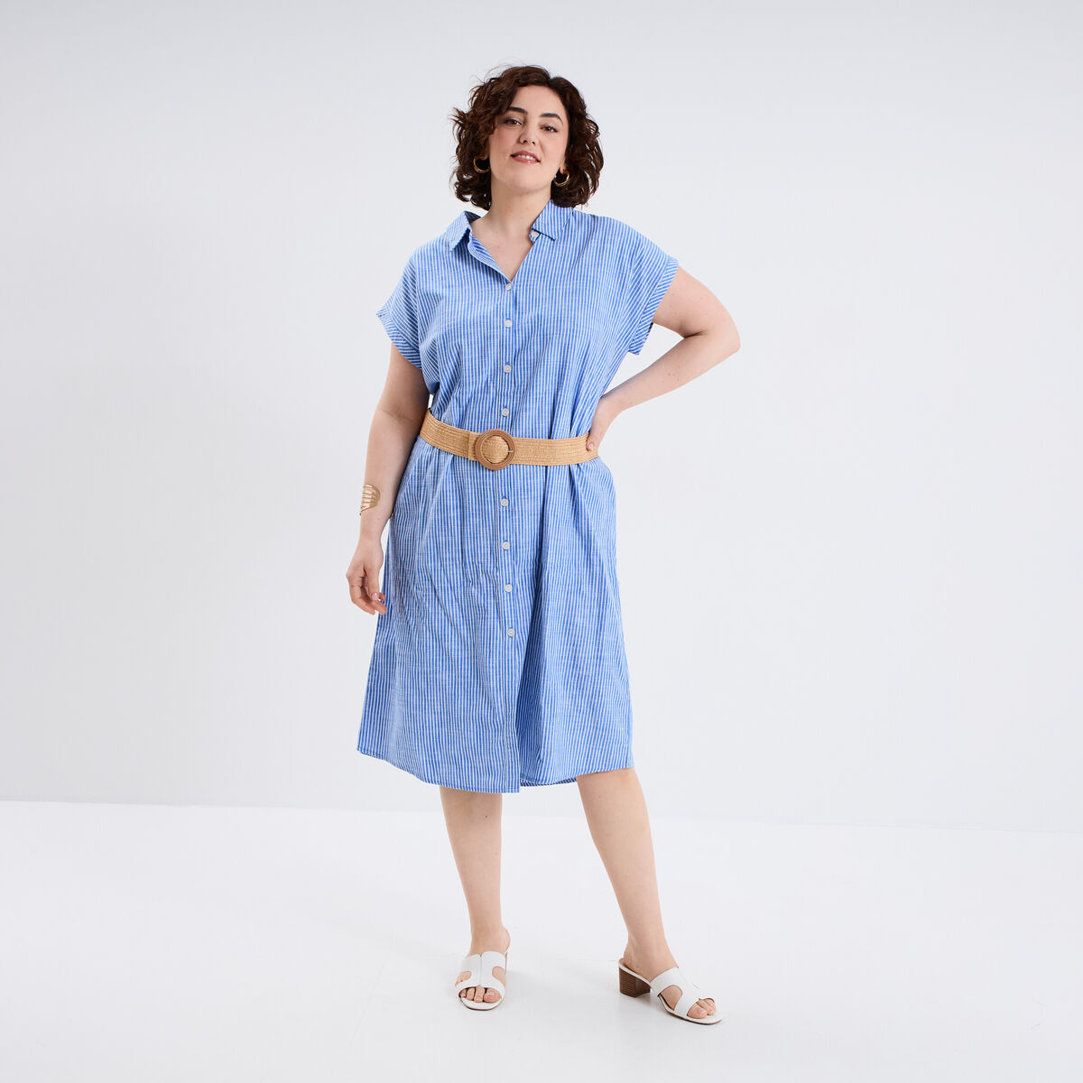 Robe chemise midi ceinturée coton bleu lavande femme grande taille