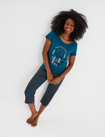 Ensemble pyjama corsaire t-shirt coton bleu canard femme