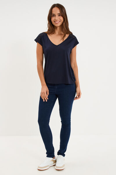 T-shirt col en V ajour&eacute; &eacute;paules et dos bleu fonc&eacute; femme