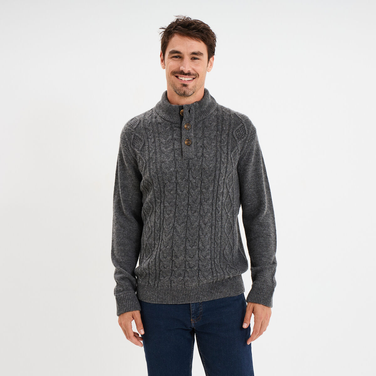 Pull col montant boutonn&eacute; et torsades gris fonc&eacute; homme