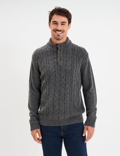 Pull col montant boutonn&eacute; et torsades gris fonc&eacute; homme