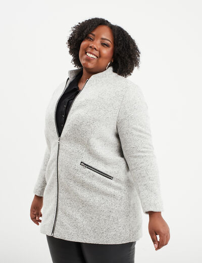Manteau mi-long droit zippé col mao gris clair femme grande taille