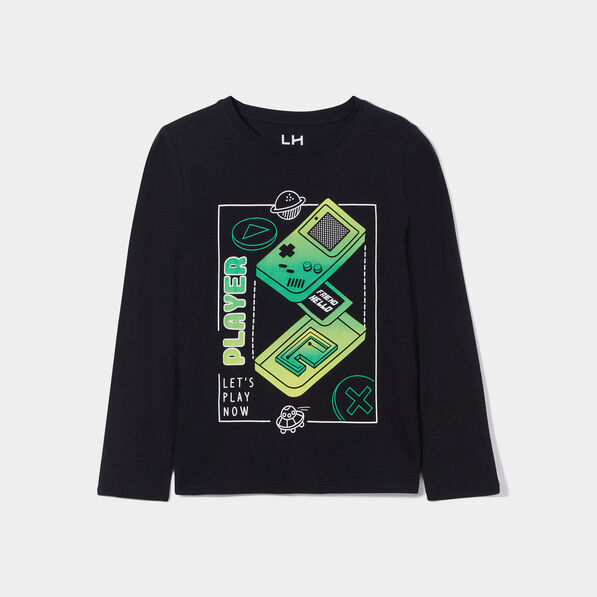 t shirt col rond manches longues coton noir garcon T-shirt col rond manches longues coton noir garçon
