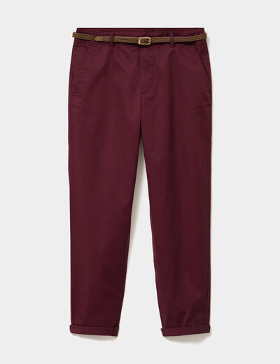 Pantalon chino regular ceinture tress&eacute;e violet fonc&eacute; femme