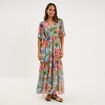 Robe longue bas volants col en V multicolore femme