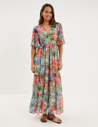Robe longue bas volants col en V multicolore femme