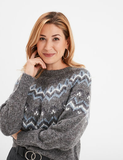 Pull jacquard col rond manches longues gris femme