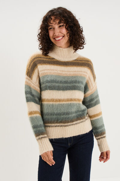 Pull col montant manches longues vert olive femme