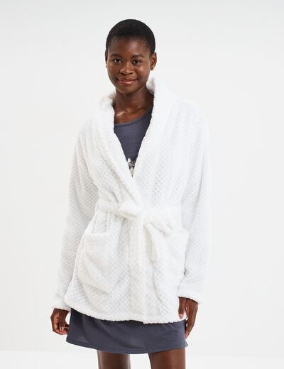 Peignoir mi-long effet polaire ceintur&eacute; blanc femme