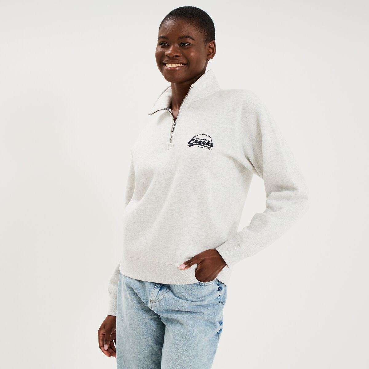 Sweat col camionneur zipp&eacute; gris clair femme