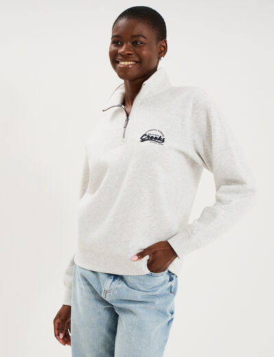 Sweat col camionneur zipp&eacute; gris clair femme