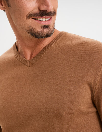 Pull jersey avec col en V marron homme