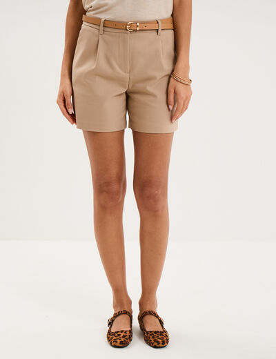 Short chino large taille haute ceintur&eacute; marron femme