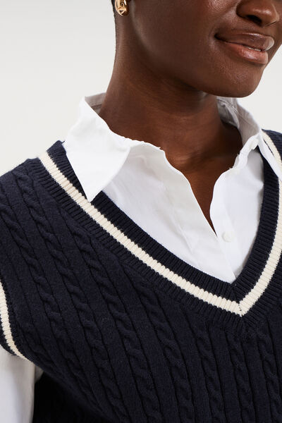 Pull sans manches col en V torsades bleu marine femme