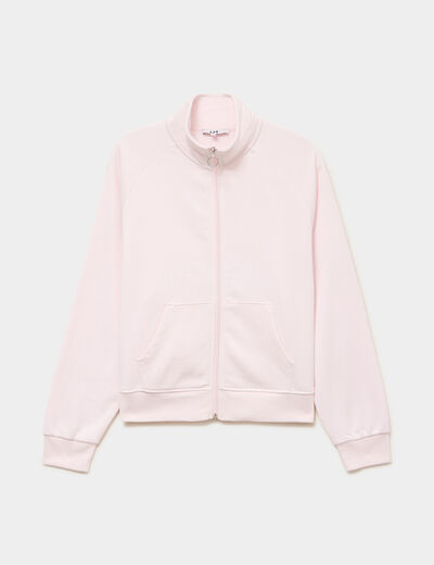 Sweat zipp&eacute; molleton col montant rose clair femme