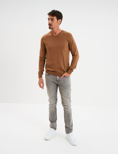 Pull jersey avec col en V marron homme