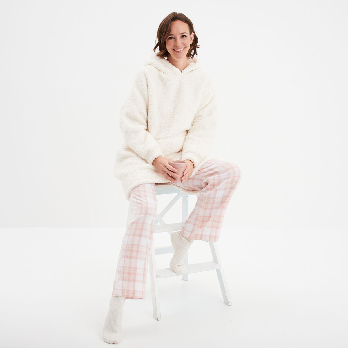Pantalon de pyjama en coton ajusable ecru femme