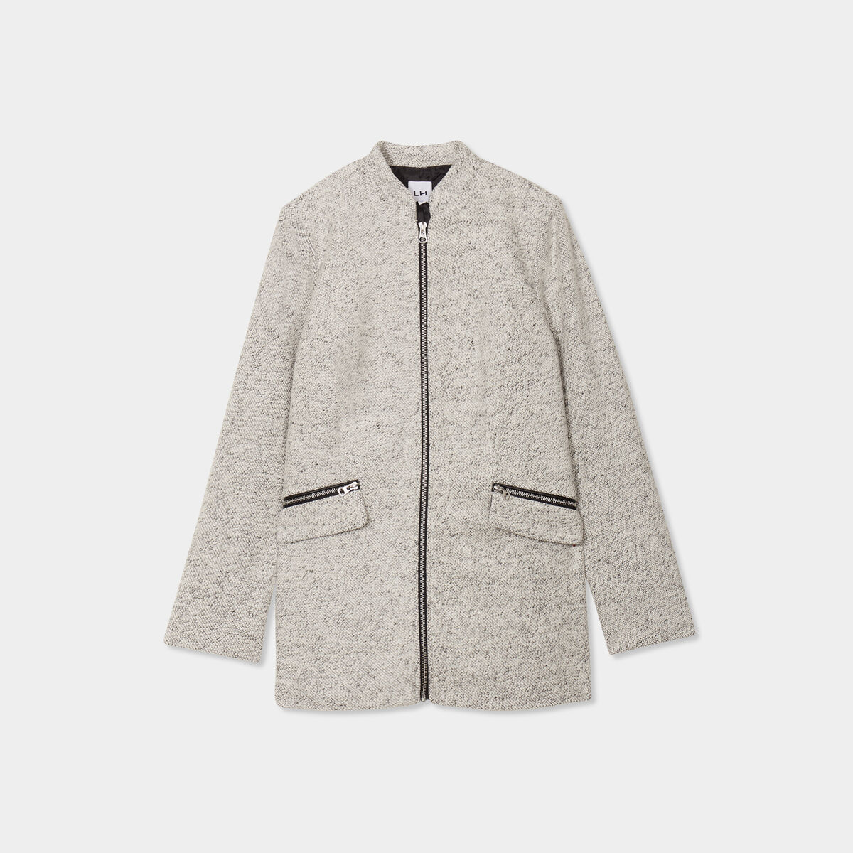 Manteau mi-long cintré zippé col montant gris clair femme