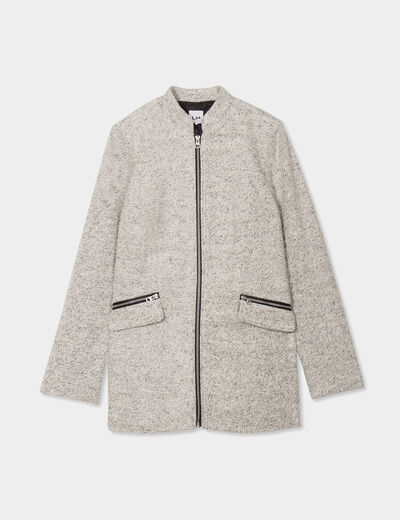 Manteau mi-long cintré zippé col montant gris clair femme