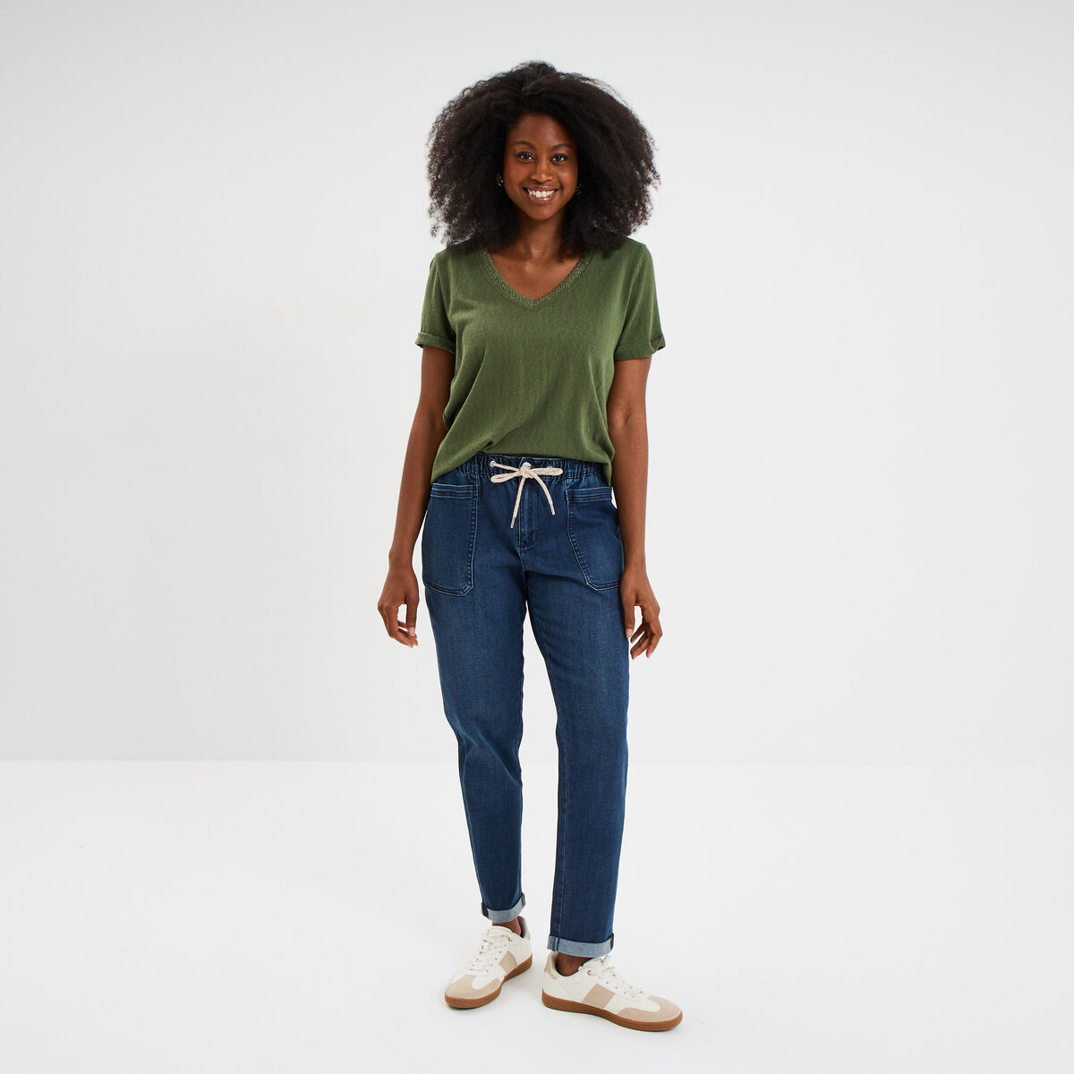 T-shirt col en V manches courtes vert kaki femme