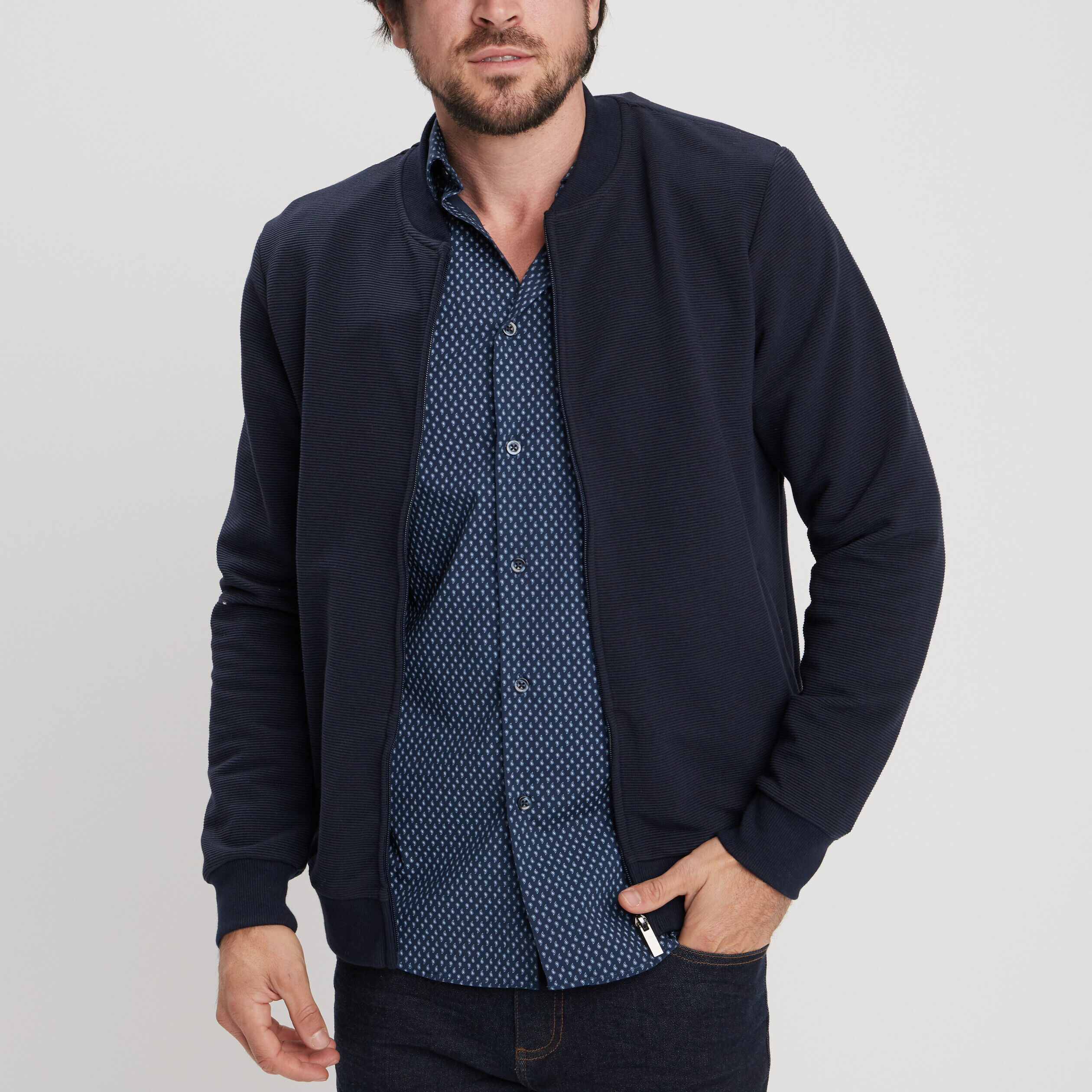 Gilet reliéfé manches longues zippé bleu marine homme LH