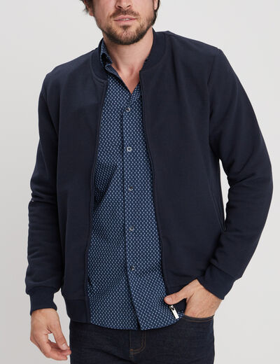 Gilet reli&eacute;f&eacute; manches longues zipp&eacute; bleu marine homme
