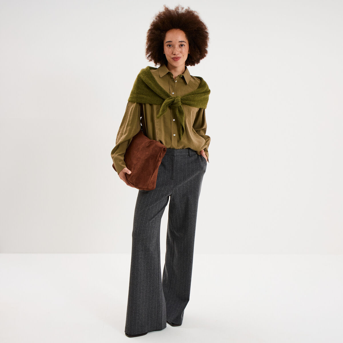 Chemise fluide manches longues oversize vert kaki femme